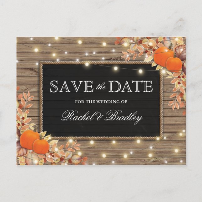 Rustic Autumn Fall Pumpkin Save the Date Announcement Postcard (Front)