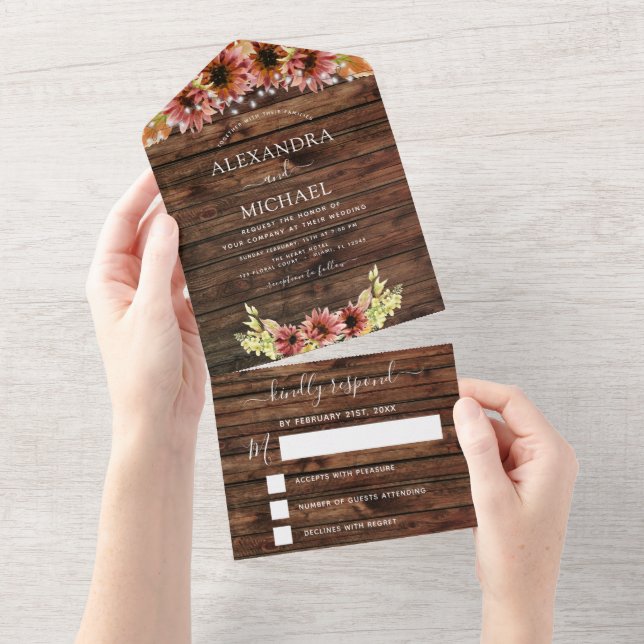 Rustic Autumn Fall Sunflowers Wedding RSVP All In One Invitation (Tearaway)