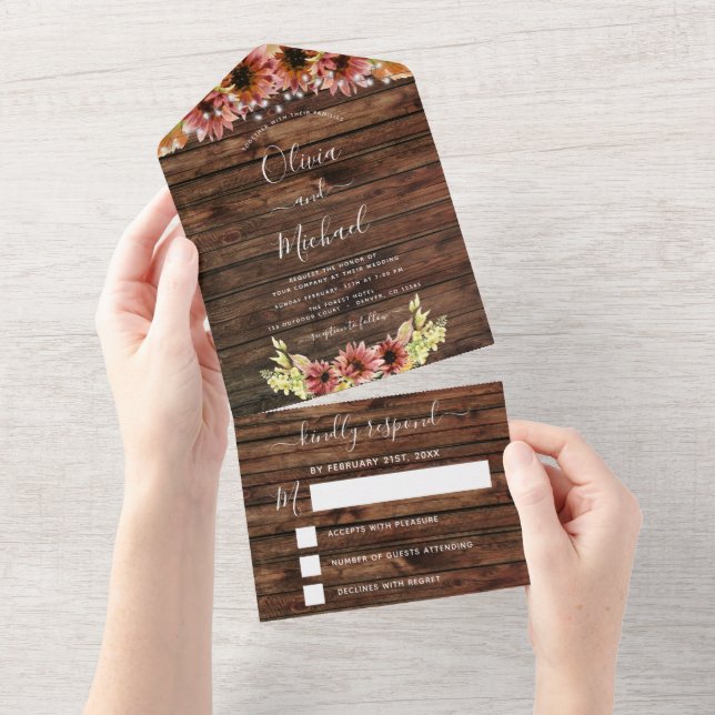 Rustic Autumn Fall Sunflowers Wedding RSVP All In One Invitation (Tearaway)