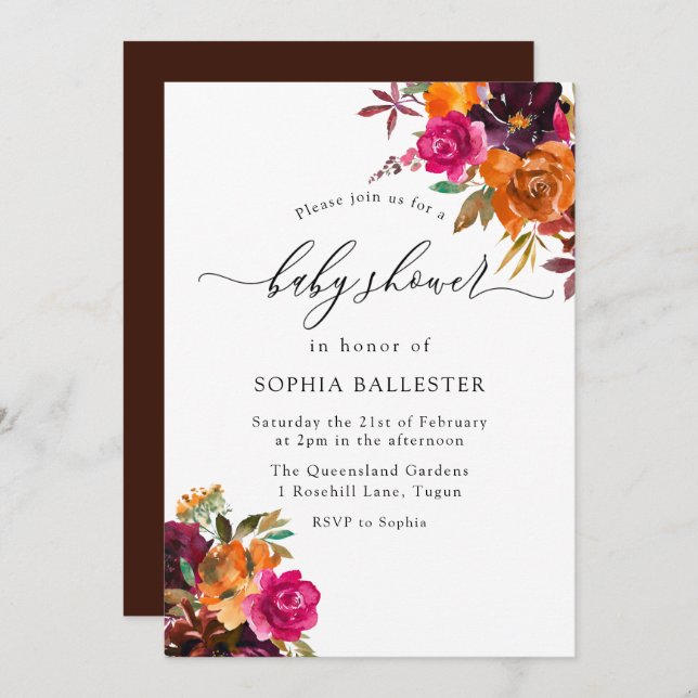 Rustic Autumn Fall Watercolor Floral Baby Shower Invitation (Front/Back)
