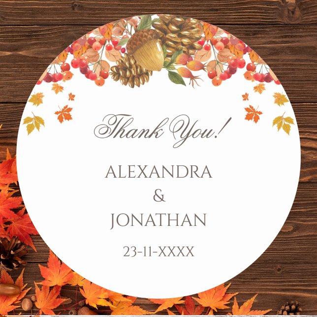 Rustic Autumn Fall Wedding Thank You Classic Round Sticker (Creator Uploaded)