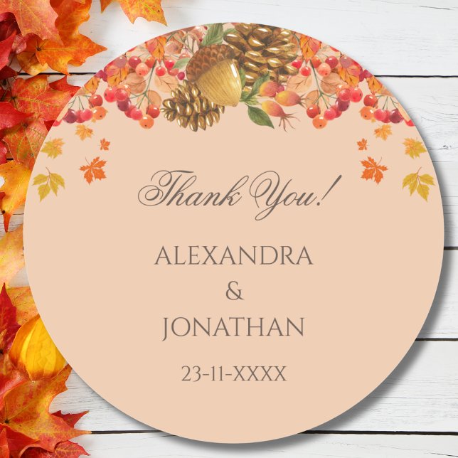 Rustic Autumn Fall Wedding Thank You Classic Round Sticker (Creator Uploaded)