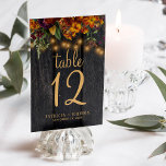 Rustic autumn fall wood wedding table number<br><div class="desc">Rustic country elegant wedding table number with editable text featuring fall botanicals and a chic script on a dark brown barn wood background with string lights. Ideal for your summer or autumn fall garden backyard outdoor or farmhouse wedding.</div>