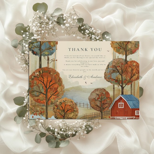 Rustic Autumn Farm Lakefront Wedding Thank You Card (Creator Uploaded)