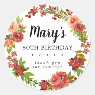 Rustic Autumn Floral 80th Birthday Thank You Classic Round Sticker