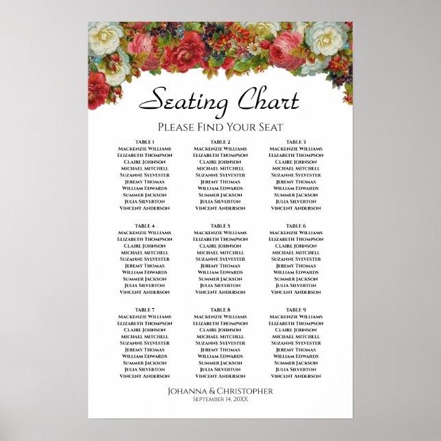 Rustic Autumn Floral 9 Table Wedding Seating Chart (Front)