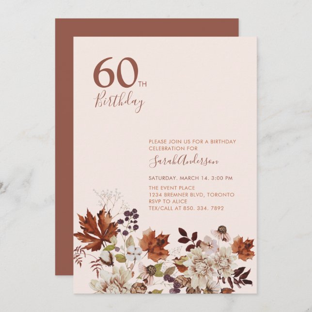 Rustic Autumn Floral Adult Milestone Birthday Invitation (Front/Back)