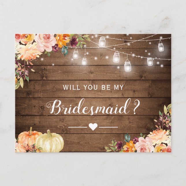 Rustic Autumn Floral Be My Bridesmaid Proposal Invitation Postcard (Front)