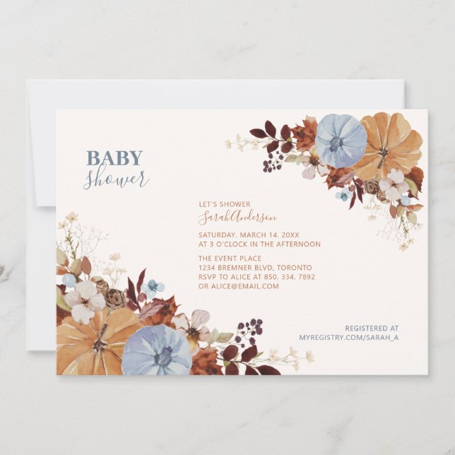 Rustic Autumn Floral Blue Baby Shower Invitation (Front)