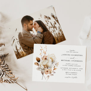 Rustic Autumn Floral Bouquet Photo Wedding Invitation