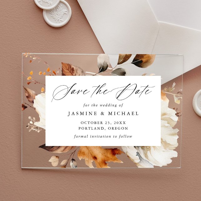 Rustic Autumn Floral Calligraphy Save the Date Acrylic Invitations (Creator Uploaded)
