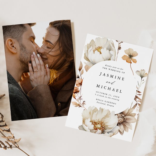 Rustic Autumn Floral Circle Frame Photo Wedding Invitation (Creator Uploaded)