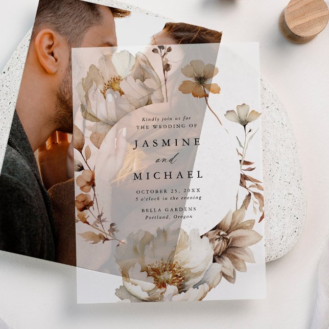 Rustic Autumn Floral Circle Frame Wedding Vellum Invitations (Creator Uploaded)