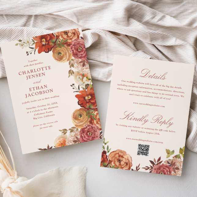 Rustic Autumn Floral Double Sided Wedding  Invitation (Creator Uploaded)