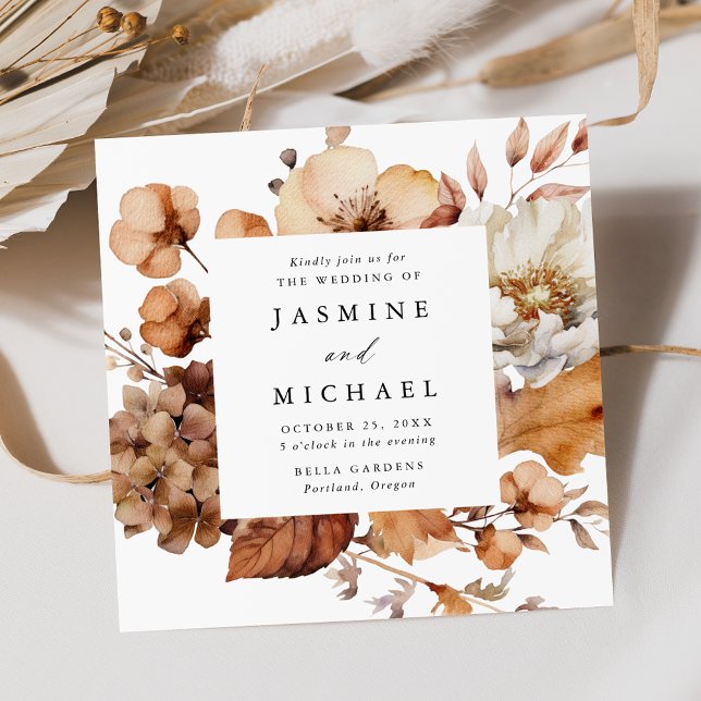 Rustic Autumn Floral Frame Square Wedding Invitation (Creator Uploaded)