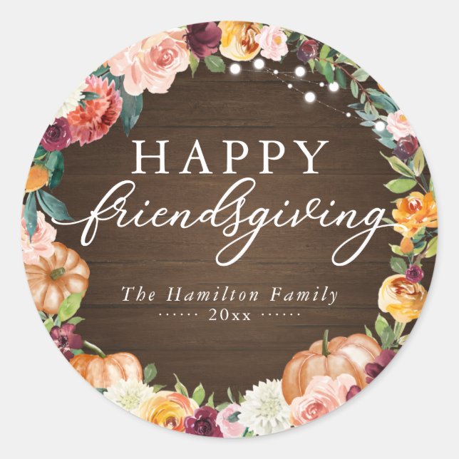 Rustic Autumn Floral Friendsgiving Dinner Classic Round Sticker (Front)