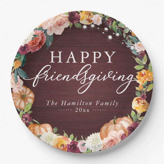 Rustic Autumn Floral Friendsgiving Dinner Paper Pl Paper Plate (Front)