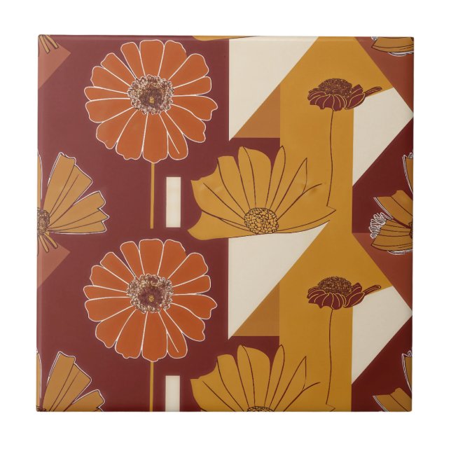 Rustic Autumn Floral Geometric Pattern Ceramic Tile (Front)