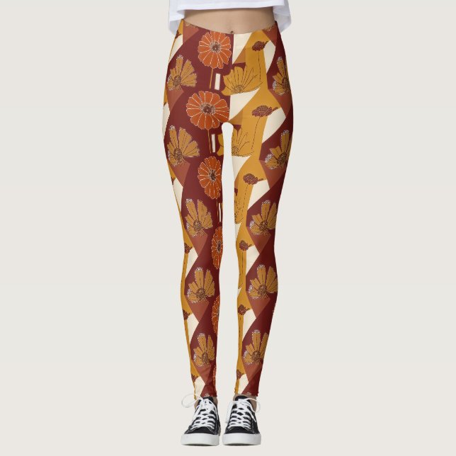 Rustic Autumn Floral Geometric Pattern Leggings (Front)