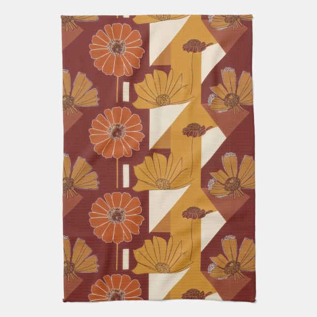 Rustic Autumn Floral Geometric Pattern Tea Towel (Vertical)