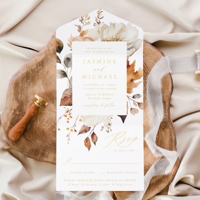 Rustic Autumn Floral Gold Foil Wedding All In One Invitation (Creator Uploaded)