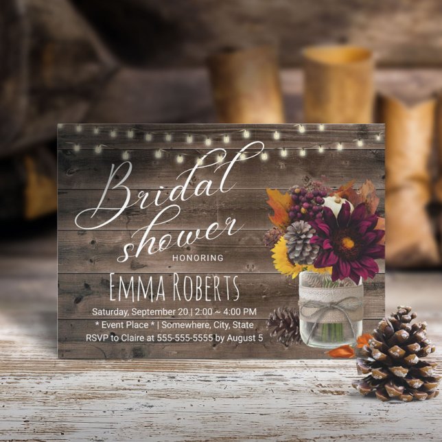 Rustic Autumn Floral Jar Barn Wood Bridal Shower Invitation (Creator Uploaded)
