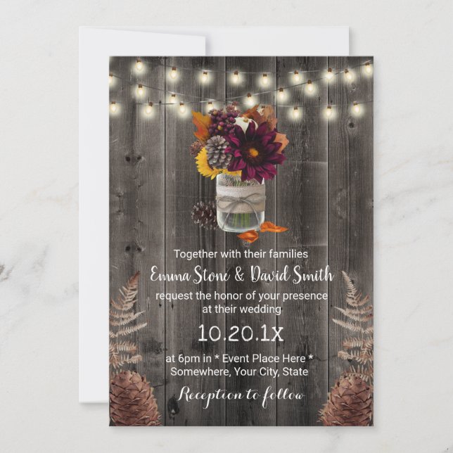 Rustic Autumn Floral Jar Barn Wood Fall Wedding Invitation (Front)