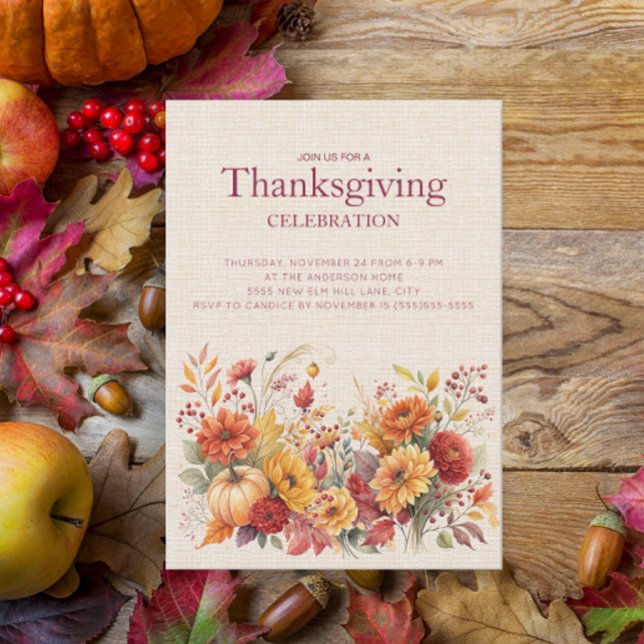 Rustic Autumn Floral Linen Thanksgiving (Autumn floral Thanksgiving Dinner invitation)