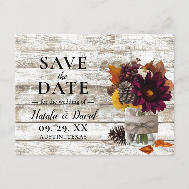 Rustic Autumn Floral Mason Jar Fall Save the Date Announcement Postcard (Front)