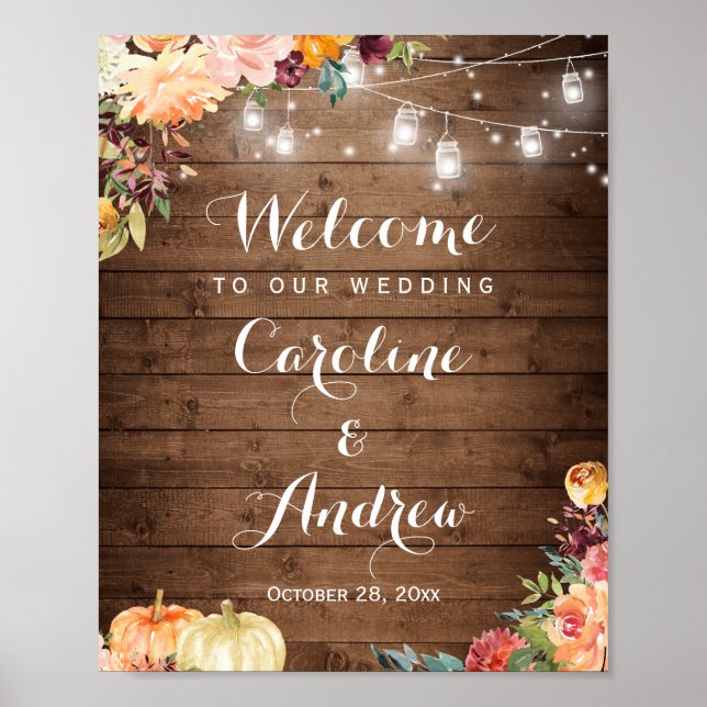 Rustic Autumn Floral Mason Jar Lights Wedding Sign (Front)