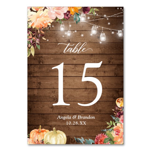Rustic Autumn Floral Mason Jar Lights Wedding Table Number (Front)