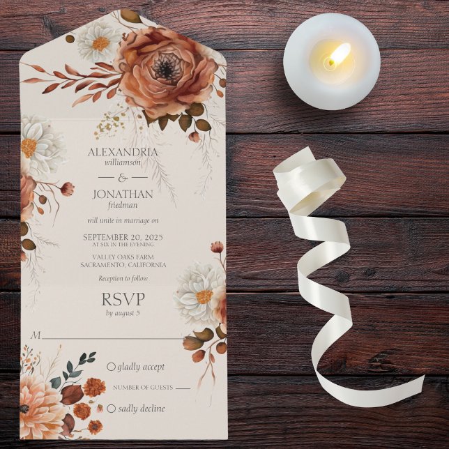 Rustic Autumn Floral on Beige All In One Invitation (Also available with dinner options or QR code. )