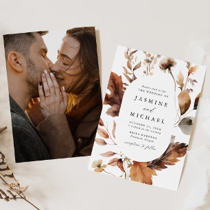 Rustic Autumn Floral Oval Frame Photo Wedding Invitation