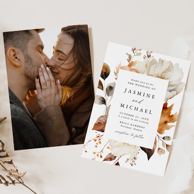 Rustic Autumn Floral Photo Wedding Invitation (Creator Uploaded)