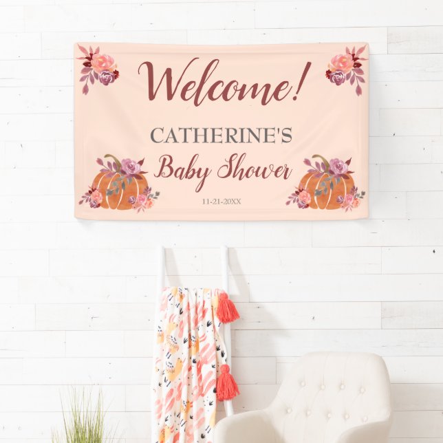  Rustic Autumn Floral Pumpkin Baby Shower Welcome Banner (Insitu)