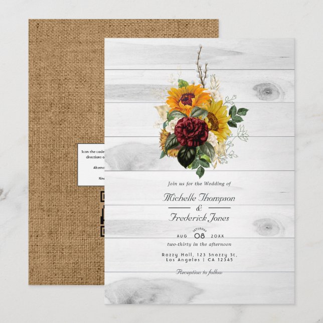 Rustic Autumn Floral QR Code RSVP Country Wedding Invitation (Front/Back)