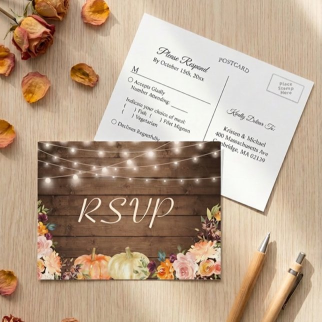 Rustic Autumn Floral String Lights Wedding RSVP Invitation Postcard (Creator Uploaded)