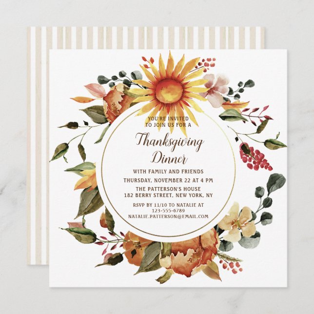 Rustic Autumn Floral Thanksgiving Dinner Invitation (Front/Back)