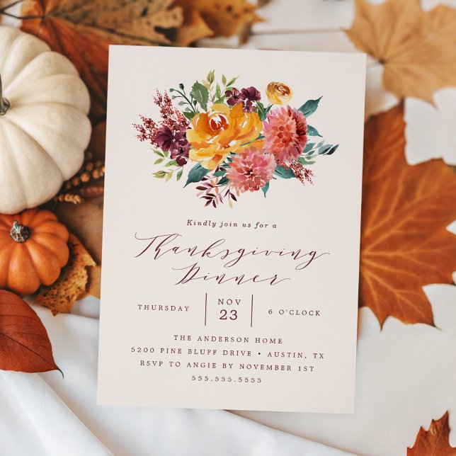 Rustic Autumn Floral Thanksgiving Dinner Invitation (Creator Uploaded)