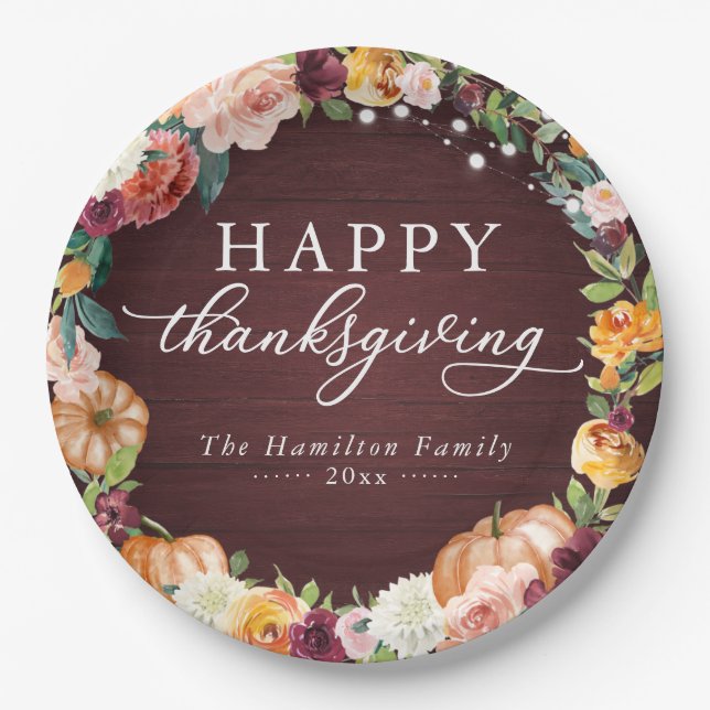 Rustic Autumn Floral Thanksgiving Dinner Paper Pla Plate (Front)