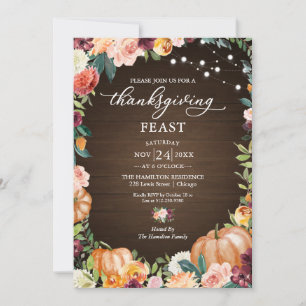 Rustic Autumn Floral Thanksgiving Feast Invitation