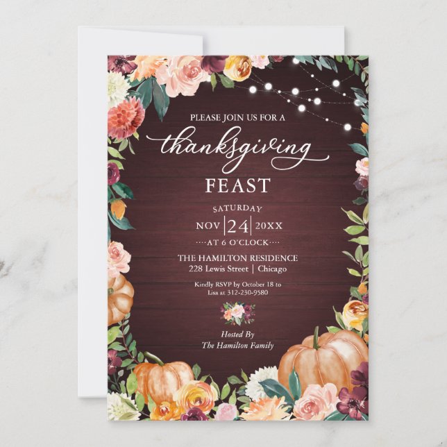 Rustic Autumn Floral Thanksgiving Feast Invitation (Front)
