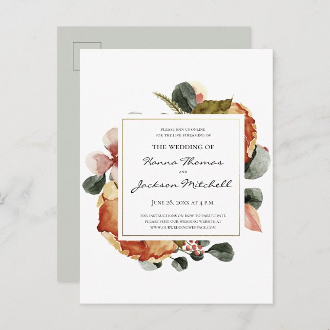 Rustic Autumn Floral Watercolor Wedding Invitation (Front/Back)