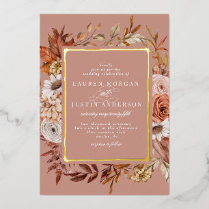rustic autumn floral Wedding Foil Invitation