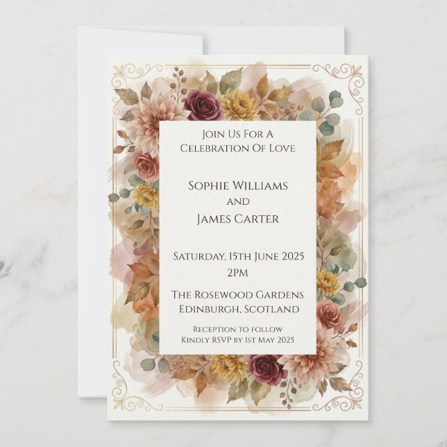 Rustic Autumn Floral Wedding Invitation (Front)