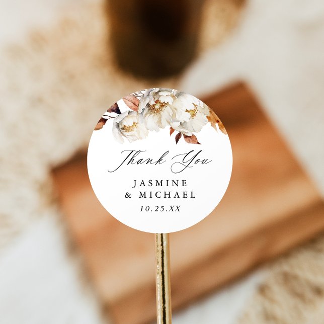 Rustic Autumn Floral Wedding Thank You Classic Round Sticker (Creator Uploaded)