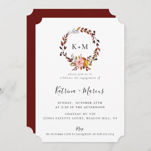 Rustic Autumn Floral Wreath Engagement Invitation (Front/Back)