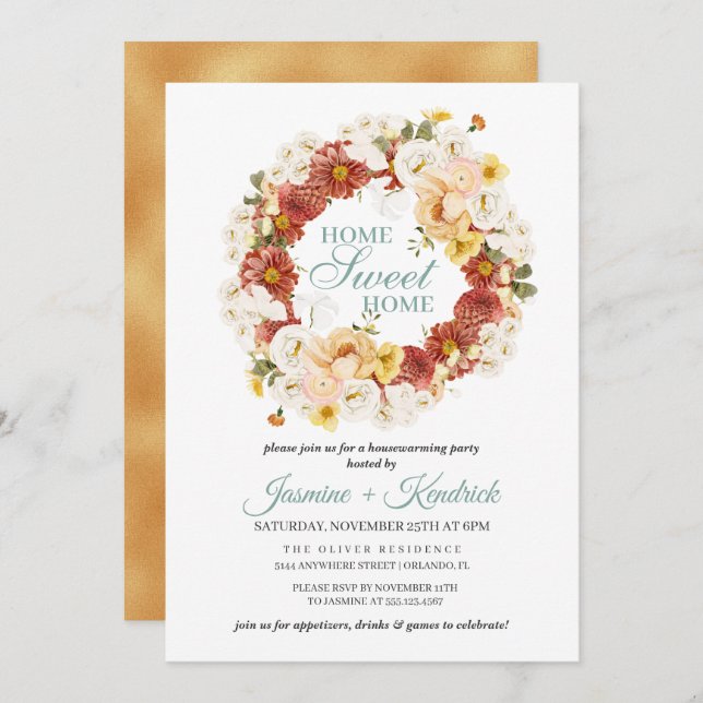 Rustic Autumn Floral Wreath Housewarming Invitation (Front/Back)