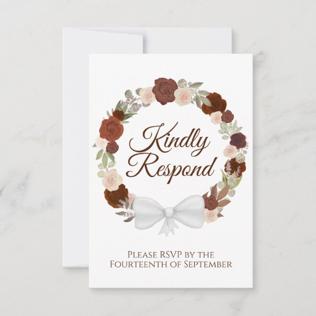 Rustic Autumn Floral Wreath of Roses Wedding RSVP Card (Front)