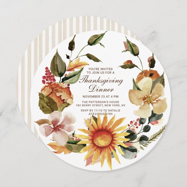 Rustic Autumn Floral Wreath Thanksgiving Dinner Invitation (Front/Back)